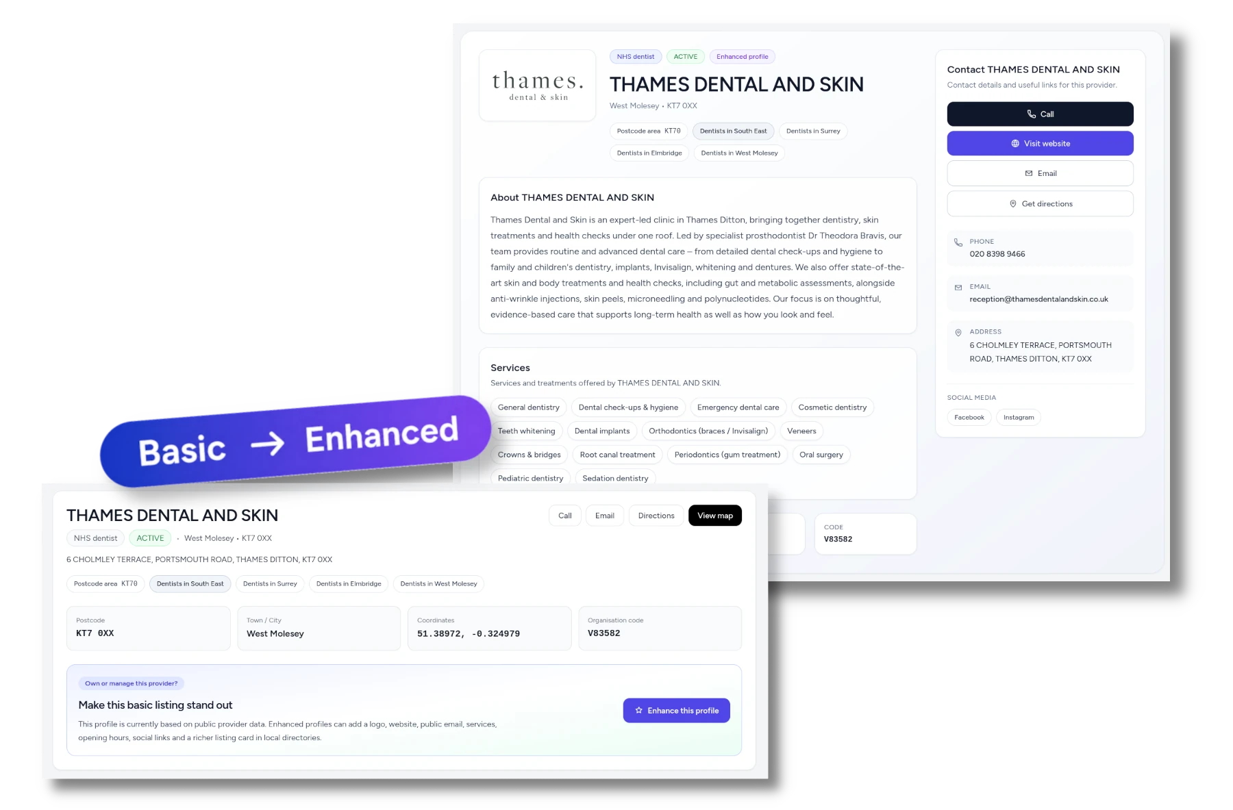 Example of a basic provider listing compared with an enhanced provider profile